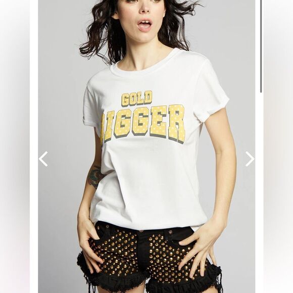 Recycled Karma Tops - Recycled Karma Gold Digger White Vintage Fitted Statement Tee NEW SMALL